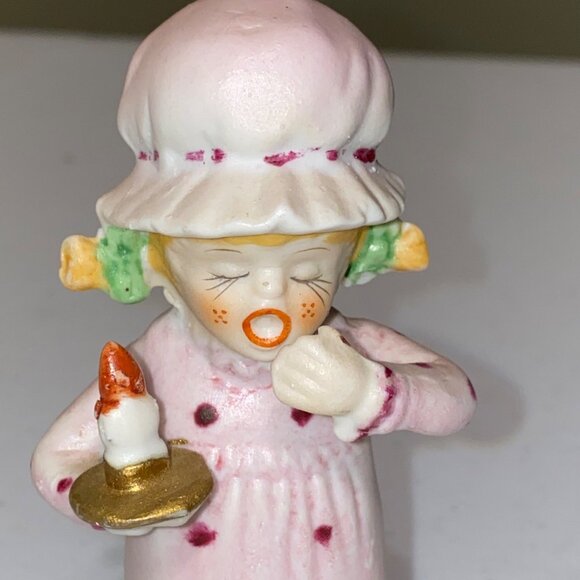 Vintage Christmas Home Decor Yawning Sleepy Girl with Candle Porcelain Figurine - Picture 5 of 5